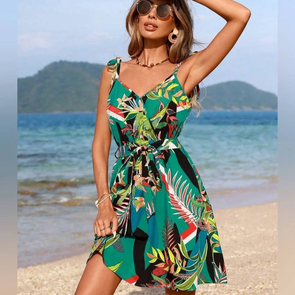SHEIN VCAY Vacation Tropical Printed Spaghetti Strap Dress Size Large - Picture 3 of 13